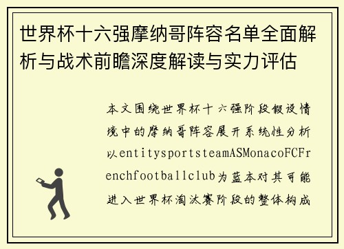 世界杯十六强摩纳哥阵容名单全面解析与战术前瞻深度解读与实力评估
